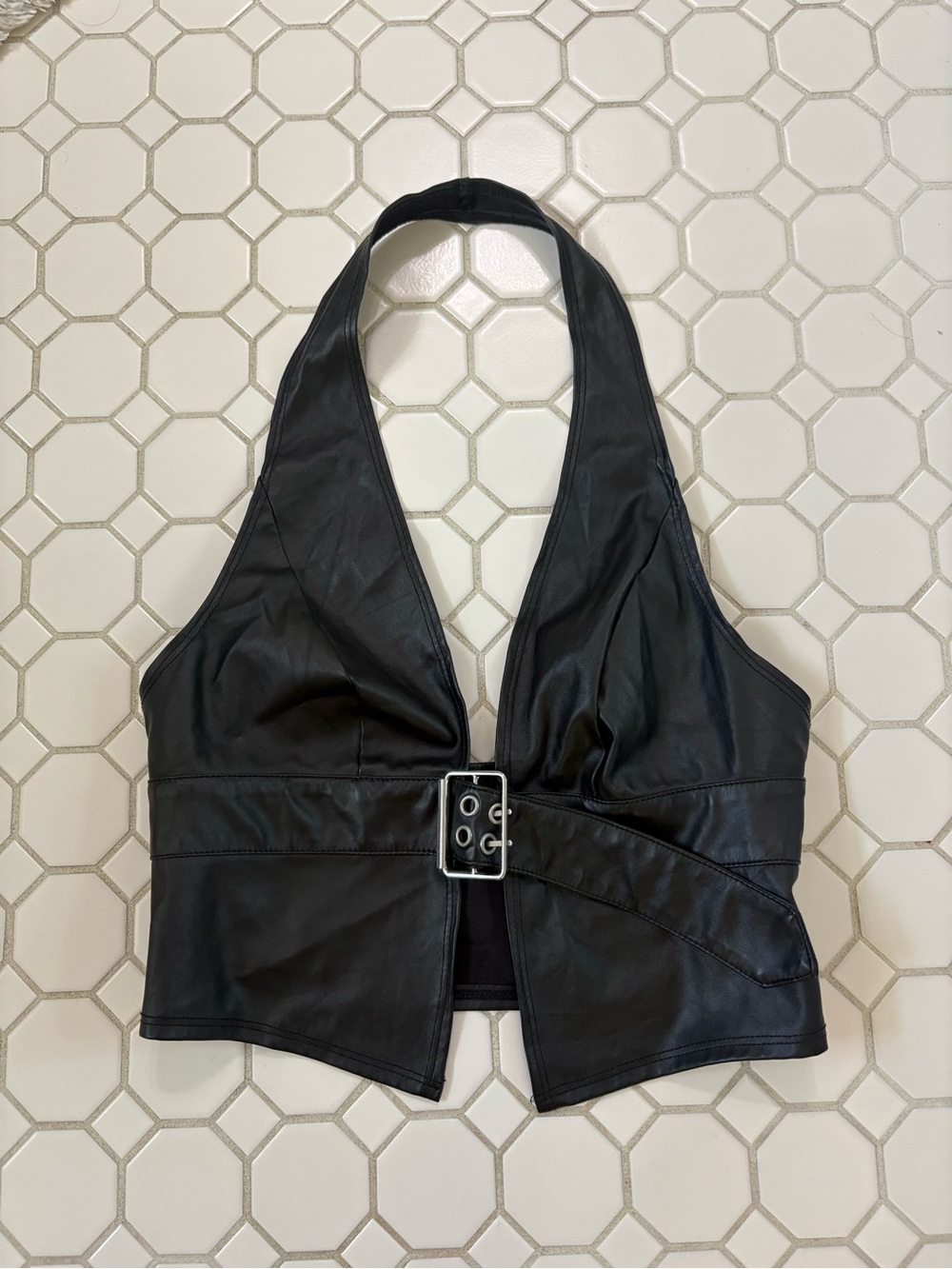 Black Faux Leather Halter Top